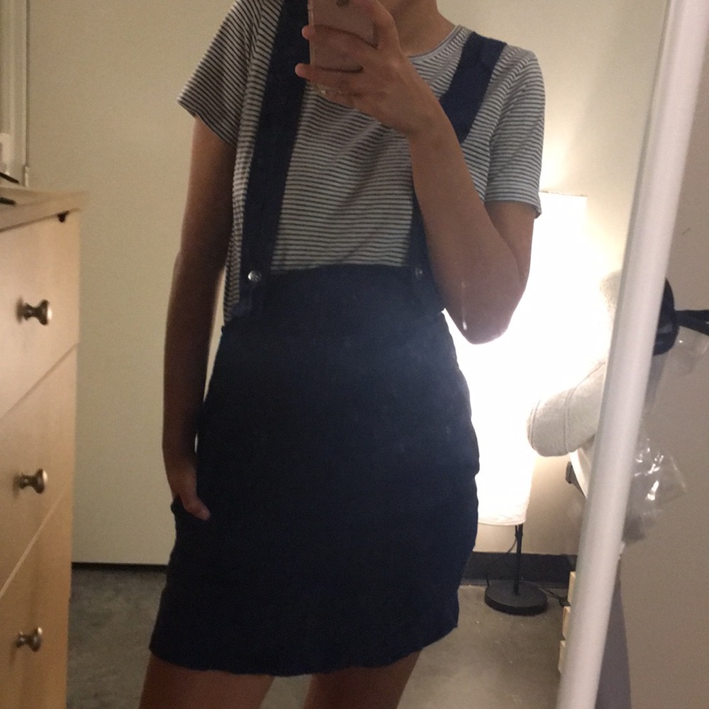 UO navy blue overall/pinafore mini skirt